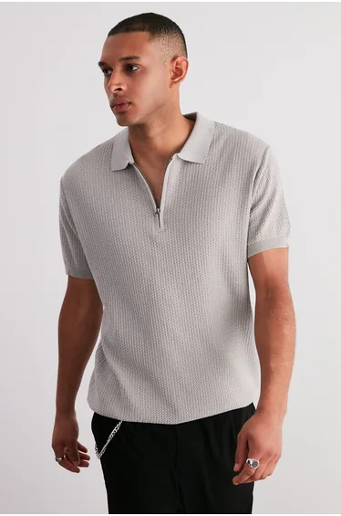 Men's Stone Regular Fit Openwork Zippered Knitwear Polo Collar T-Shirt