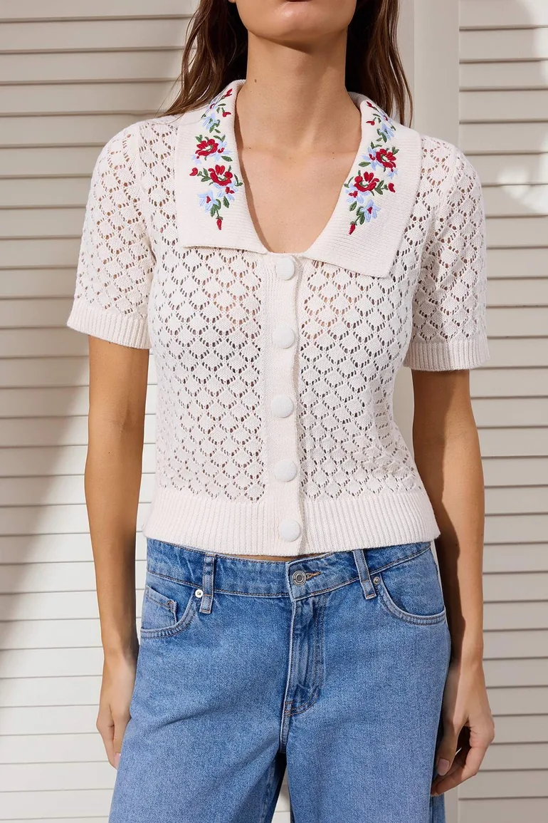 Stone Flower Embroidered Collar Lace-Like Knit /Perforated Knitwear - 2