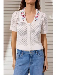 Stone Flower Embroidered Collar Lace-Like Knit /Perforated Knitwear - 2