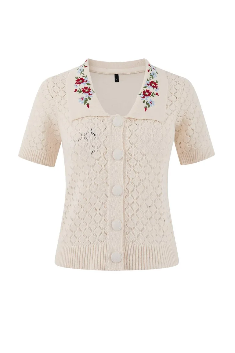 Stone Flower Embroidered Collar Lace-Like Knit /Perforated Knitwear - 4