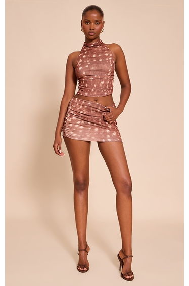Tan Abstract Print Onion Skin Ruched Halter Crop Top