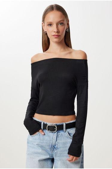 Women's Black Gathered Boat Neck Crop Blouse