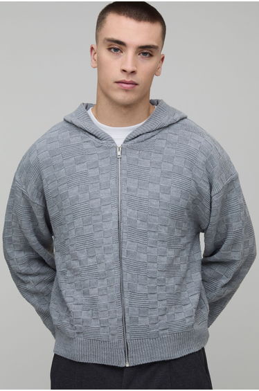 Boxy Fit Soft Touch Basketweave Knitted Hoodie - grey