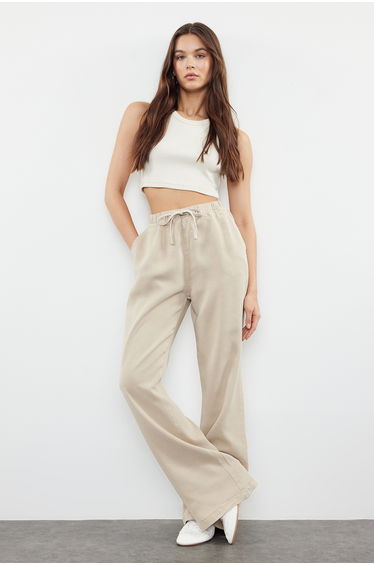 Beige 100% Tencel™ High Waist Jeans with Elastic Waist