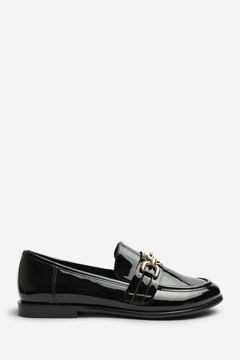 Lettie Wide Fit Chain Trim Detail Flat Loafers In Black Patent - 2