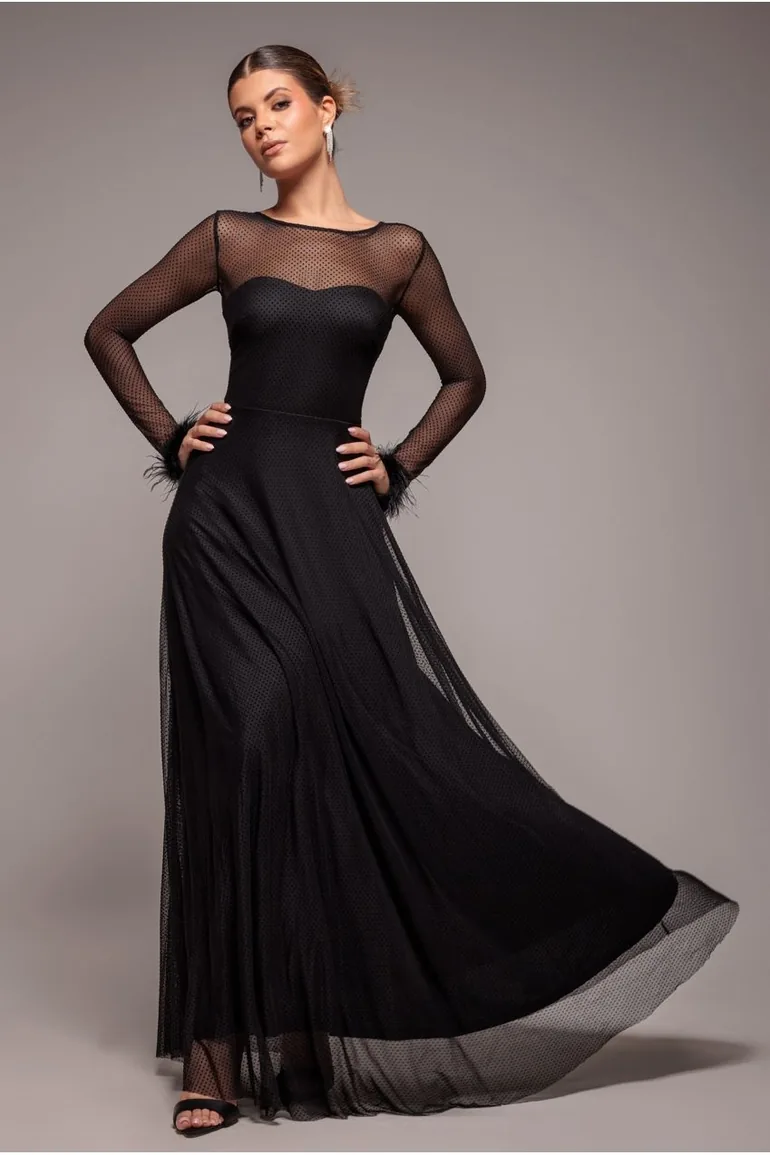 Goddiva Dobby Mesh Feather Sleeve Hem Maxi Dress - Black Goddiva Black : Evening Dresses : VogaCloset Oman Goddiva Dobby Mesh Feather Sleeve Hem Maxi Dress - Black Goddiva Black : Evening Dresses : VogaCloset Oman