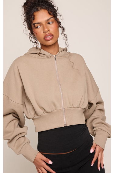 Mocha Balloon Sleeve Cropped Zip Up Jacket