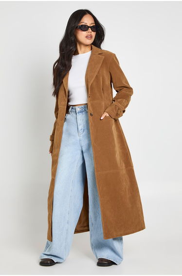 Petite Faux Suede Cinched Longline Coat - tan