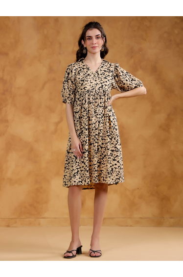 Women Beige Floral Printed Puff Sleeves Knee-Length Dress