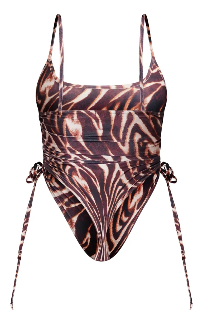 Shape Brown Zebra Print Ruched Side High Rise Swimsuit - 4