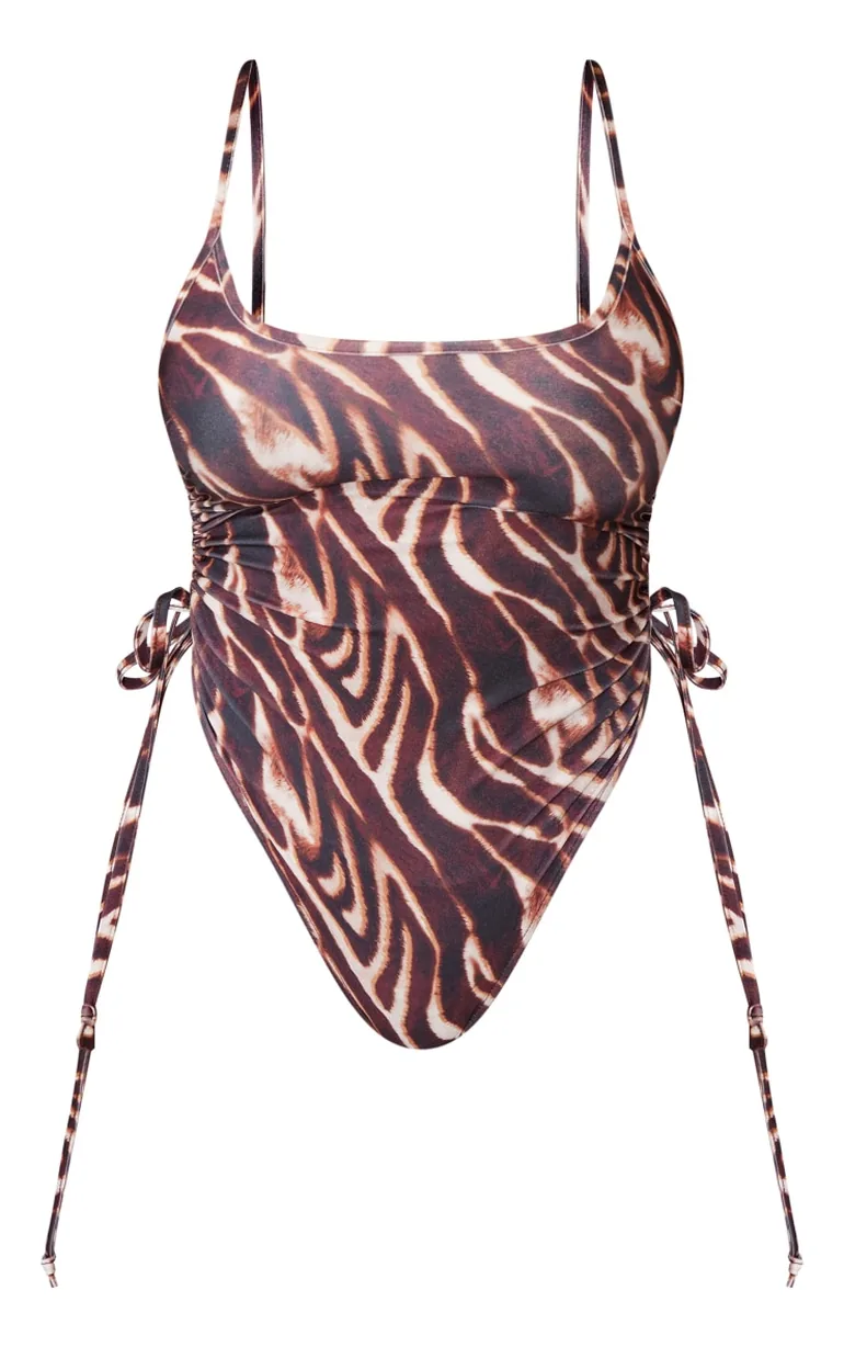 Shape Brown Zebra Print Ruched Side High Rise Swimsuit - 3