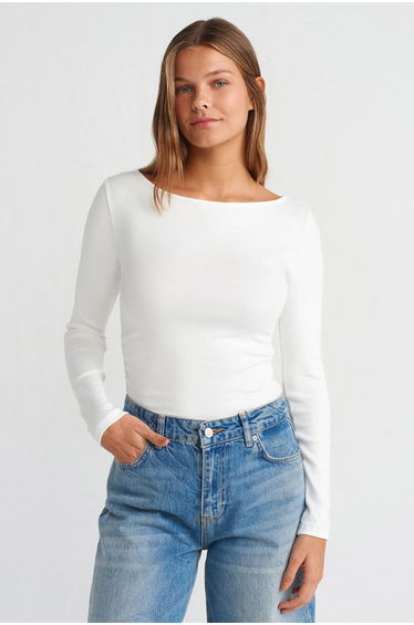 Dilvin Slim Fit Ribbed Boat Neck Blouse