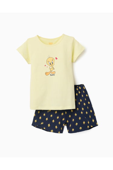 Short Sleeve Cotton Pyjamas With Tweety Prints For Girls, Yellow/Blue