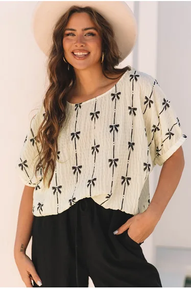 Lvness Beige Bow Print Puff Short Sleeve Top