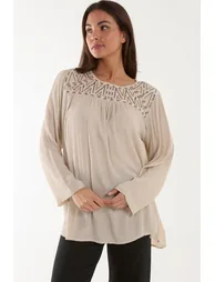 Blue Vanilla Beige Embroidered Long Sleeve Top