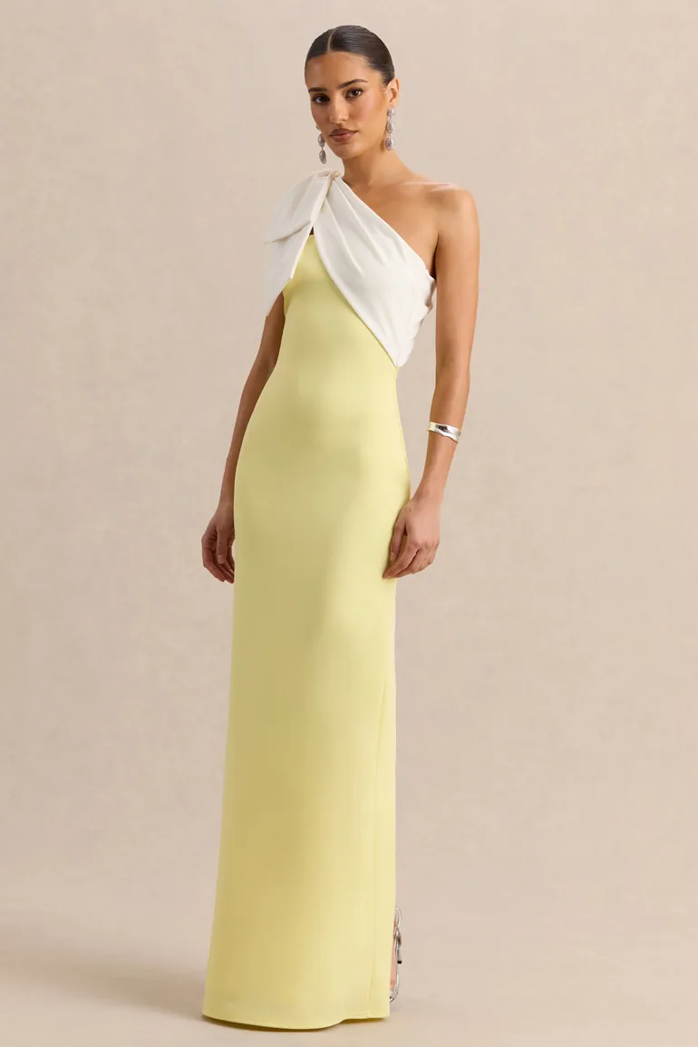 Adara | Lemon & White Asymmetric-Neck Maxi Dress With Bow-Detail - 2