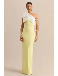 Adara | Lemon & White Asymmetric-Neck Maxi Dress With Bow-Detail - 4