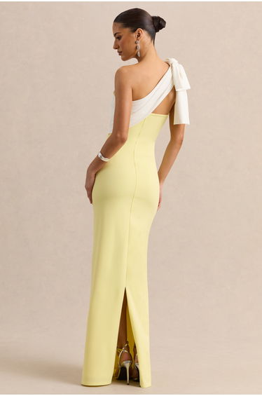 Adara | Lemon & White Asymmetric-Neck Maxi Dress With Bow-Detail