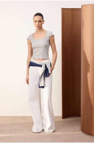 Wardrobe Essentials-Wardrope Essentials Gray Melange Fitted Crop Stretchy Knitted Blouse