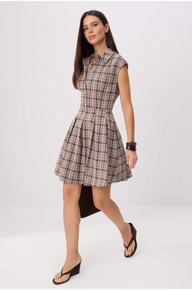 Multi-Colored Brown Plaid / Checked Short / Mini Woven Dress