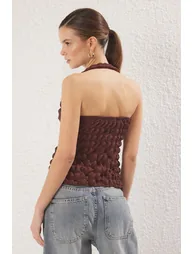 Brown Textured Halter Neck Crop Gathered Knitted Blouse - 4