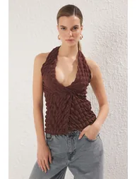 Brown Textured Halter Neck Crop Gathered Knitted Blouse