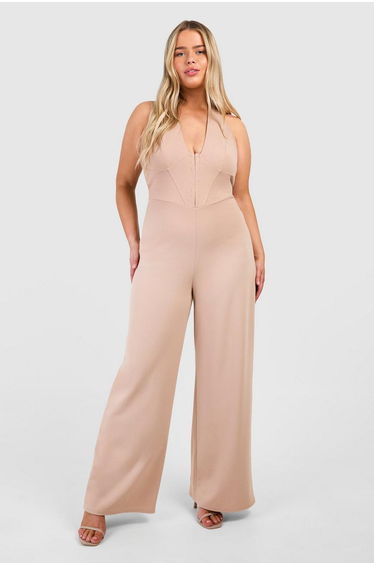 Plus Scuba Crepe Corset Hook & Eye Detail Halter Neck Wide Leg Jumpsuit - sand