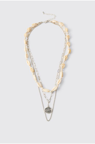 Layered Shell and Chain Pendant Necklace - silver