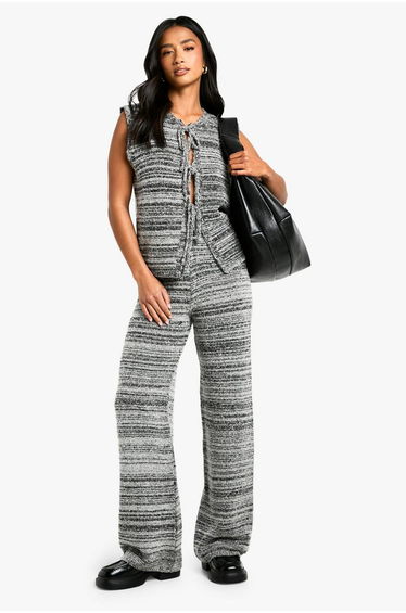 Petite Marl Knitted Tie Front vest sweater - black