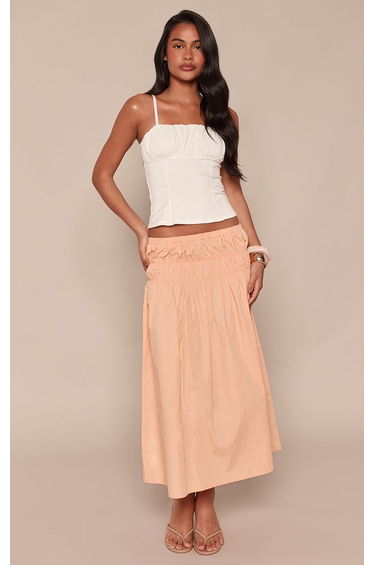 Peach Cotton Shirred Drop Waist Midi Skirt