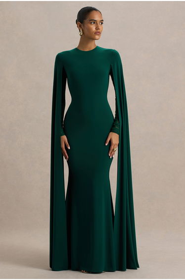 Isla | Bottle Green Crew-Neck Maxi Dress With Cape Sleeve