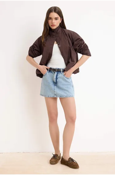 Light Blue Belt Detailed Denim Skirt with Skirt-Like Back Design