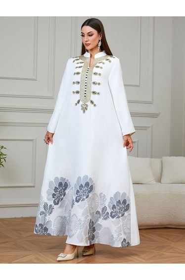 White Textured Floral Embroidered A-Line Jalabiya