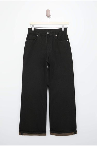 Black Draped High Waist 100% Cotton Wide Leg Jeans