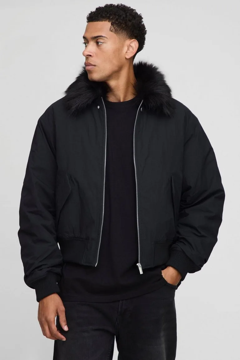 Regular Fit Faux Fur Collar Nylon Bomber Jacket - black