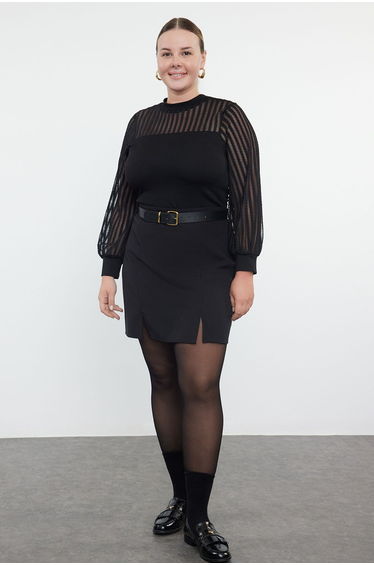 Black High Collar Lace Knitted Plus Size Blouse
