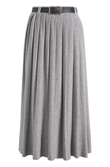 Double-Strap Belt Pleated Knit Midi Skirt in Grey