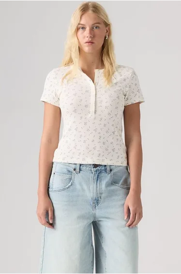 Floral Print Short Sleeve Pointelle Knit T-Shirt