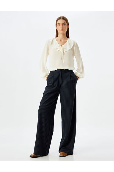 Long Balloon Sleeve Ruffle V Neck Blouse