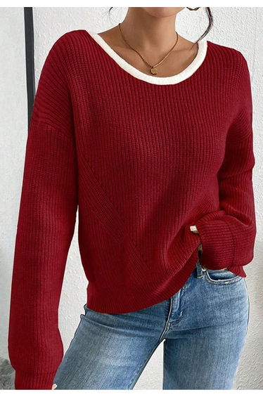 Contrast Double Bow Open Back Ribbed Knit Sweater in Red