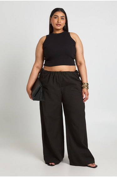 Plus Linen Tie Side Low Rise Wide Leg Trouser - black