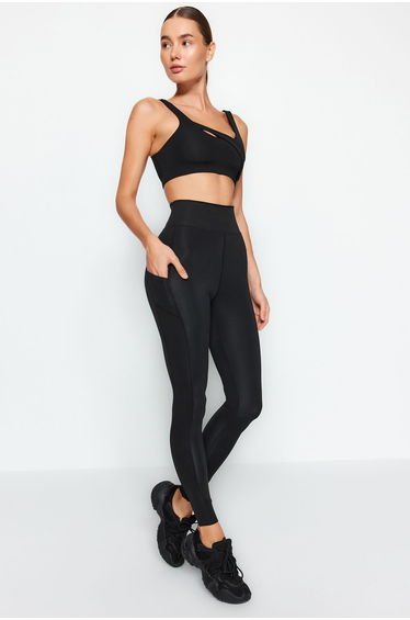 Black Matte Full Length Knitted Sports Leggings with Extra Absorption Layer