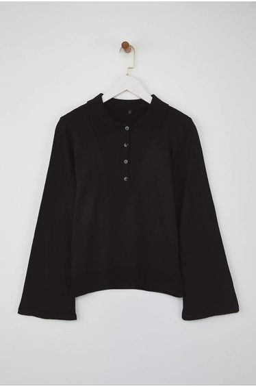 Teen Black*001 Polo Collar Plain Knitwear Sweater