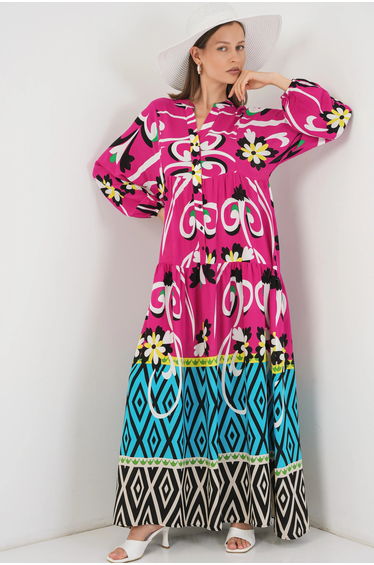 BDART Floral V-Neck Maxi Dress with Button Closure