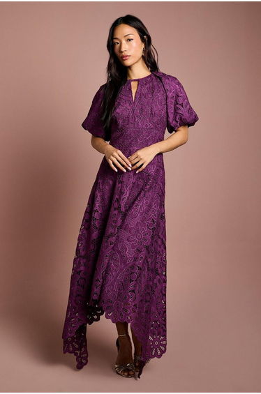 Lace Hanky Hem Puff Sleeve Dress
