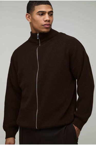 Relaxed Fit Ribbed Funnel Zip Thru Knitted Jumper - chocolate