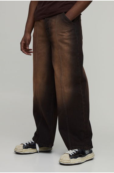 Baggy Rigid Bleach Washed Denim Jeans - brown