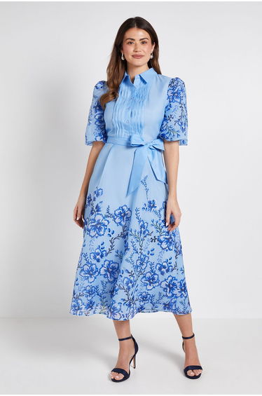 Floral Organza Pintuck Midi Shirt Dress