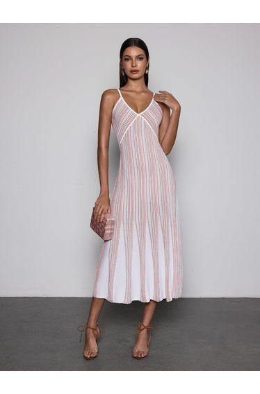 Favixor V Neck Stripe Knit Midi Dress