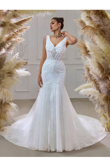 Modecrush Romantic Mermaid Wedding Dress - Lace V-Neck Bridal Gown with Sweep Train for Elegant Ceremonies
